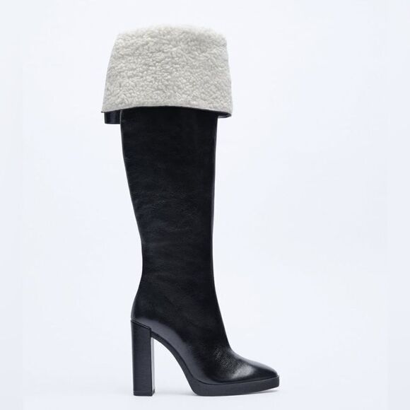 Zara OVER-THE-KNEE LEATHER BOOTS WITH FAUX SHEARLING LINING - Picture 8 of 11